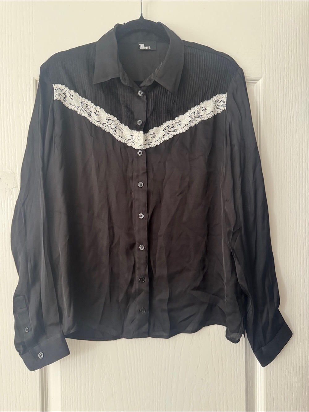 The Kooples Black Blouse with White Lace V-Yoke